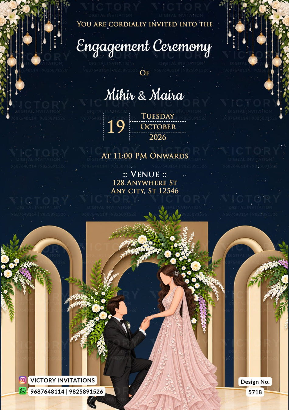 Engagement ceremony invitation card featuring a dark navy blue background with elegant gold arches, hanging lights, and floral arrangements. A cartoon-style illustration shows a man in a black suit kneeling beside a woman in a light pink gown under a floral arch.