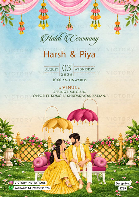 A digital invitation card for a Hindu Shaddhi ceremony, featuring a light blue and beige sky background with pink floral garlands at the top. The text details the event for Harsh & Piya on August 03, 2026, at 10:00 AM at Springtime Club.