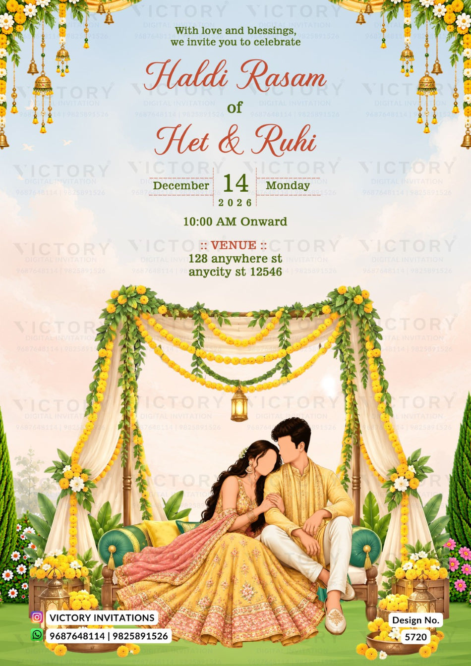 Haldi ceremony invitation card in english language with Vibrant Floral Mandap theme design 5720