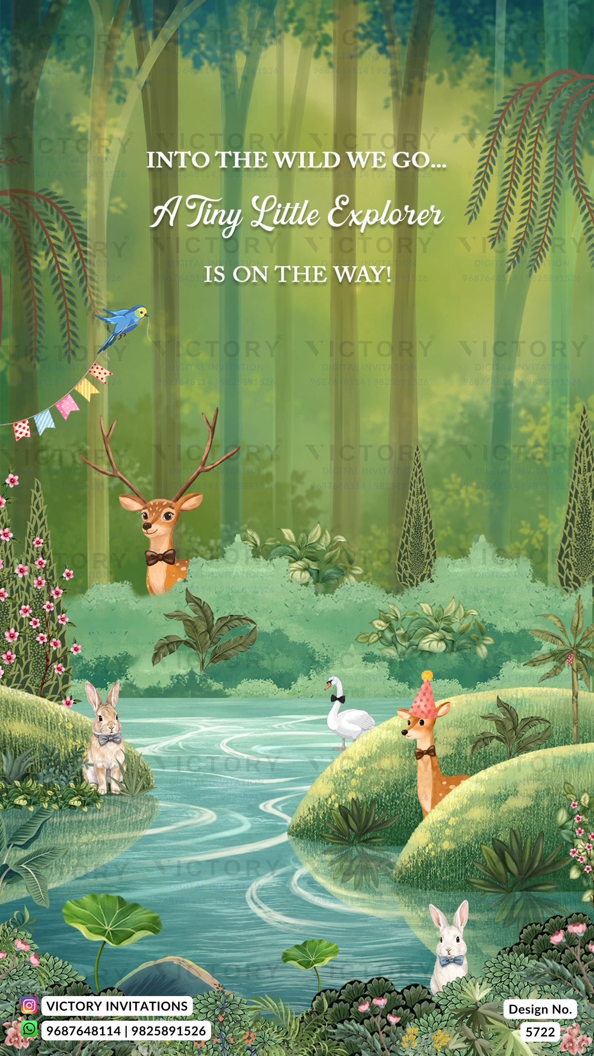 A whimsical forest-themed invitation card featuring a winding river, deer, rabbits, a bird, and playful text reading 'INTO THE WILD WE GO.