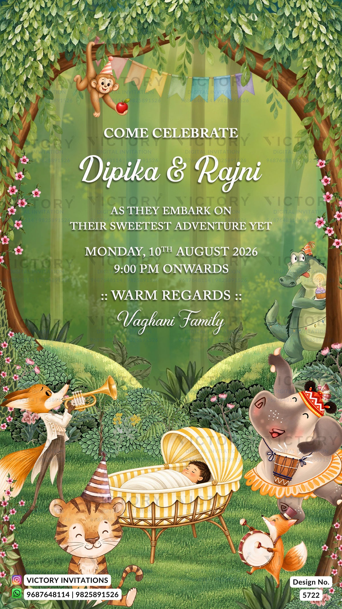 A whimsical children's birthday invitation card featuring a jungle-themed cartoon illustration with a baby in a striped bassinet, surrounded by playful animals including a monkey, fox, elephant, tiger, and dinosaur in a lush green forest setting.