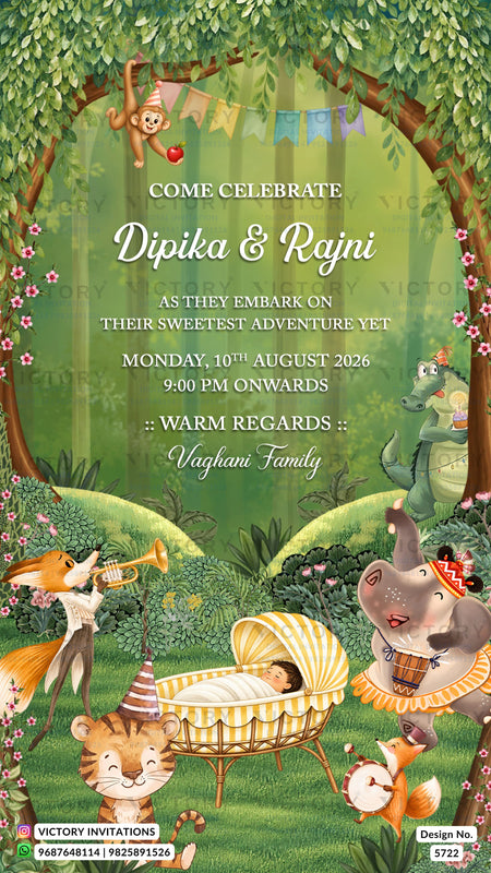 A whimsical children's birthday invitation card featuring a jungle-themed cartoon illustration with a baby in a striped bassinet, surrounded by playful animals including a monkey, fox, elephant, tiger, and dinosaur in a lush green forest setting.