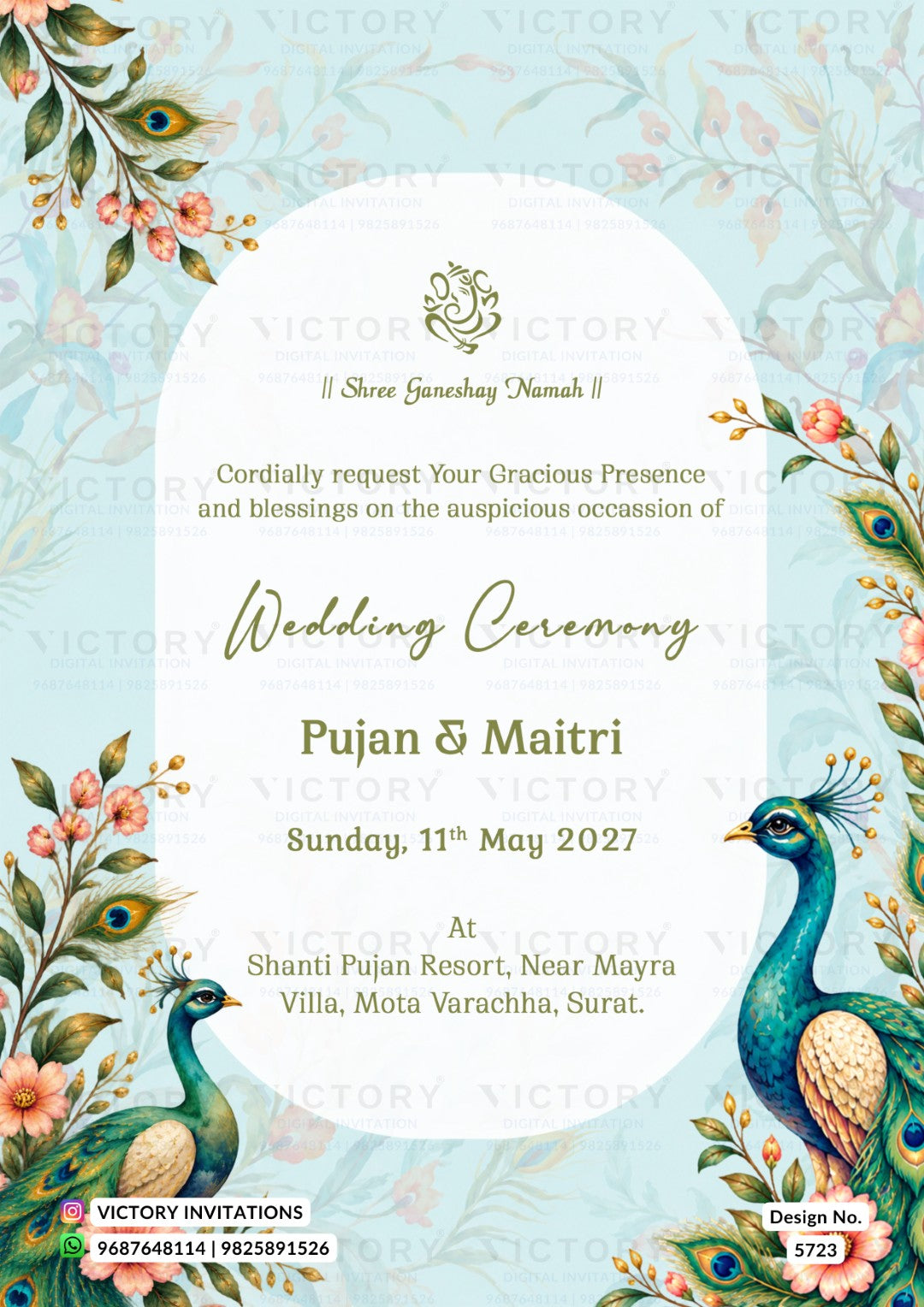 A wedding invitation card design with a light blue floral background, featuring peacock illustrations in the corners, a large white oval center, and elegant gold and green text for a wedding ceremony. The brand name 'Victory Invitations' is visible at the bottom.