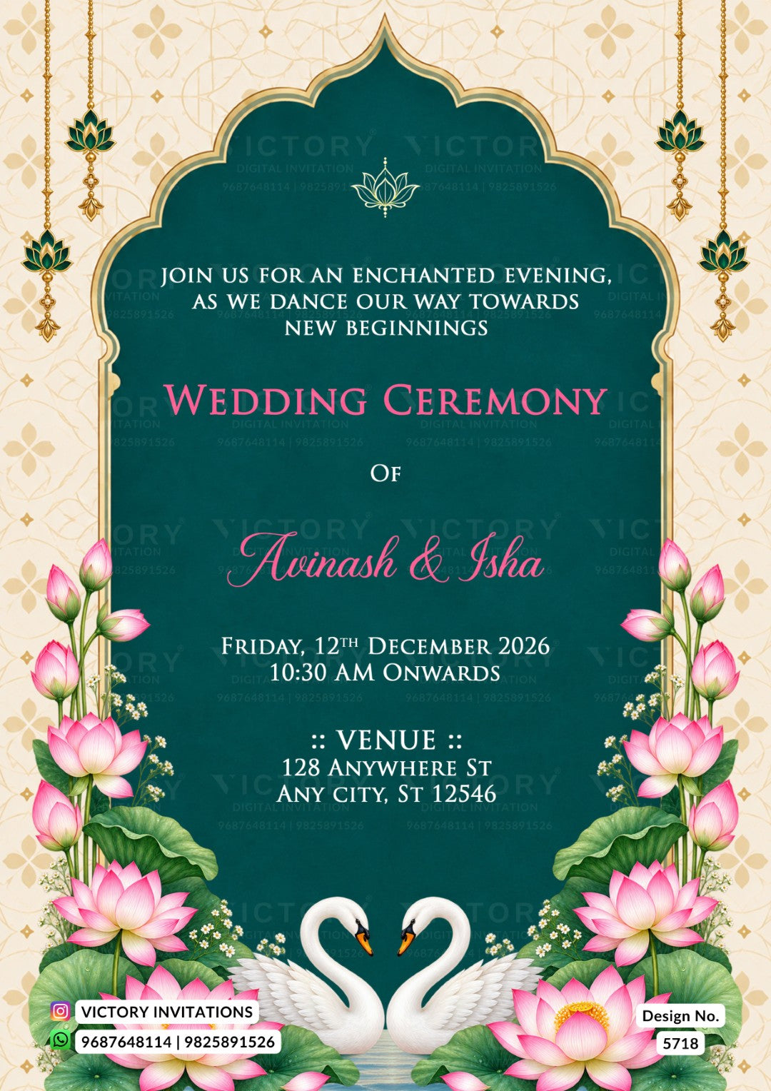 A decorative wedding invitation card with an ornate arch design, teal center panel, pink lotus flowers, white swans, and elegant text for a wedding ceremony.