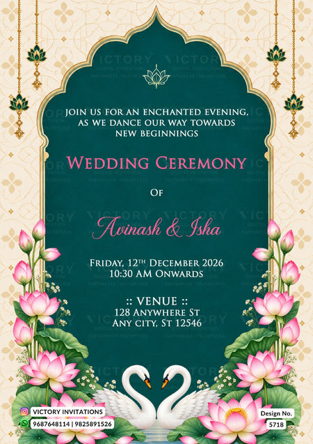 A decorative wedding invitation card with an ornate arch design, teal center panel, pink lotus flowers, white swans, and elegant text for a wedding ceremony.
