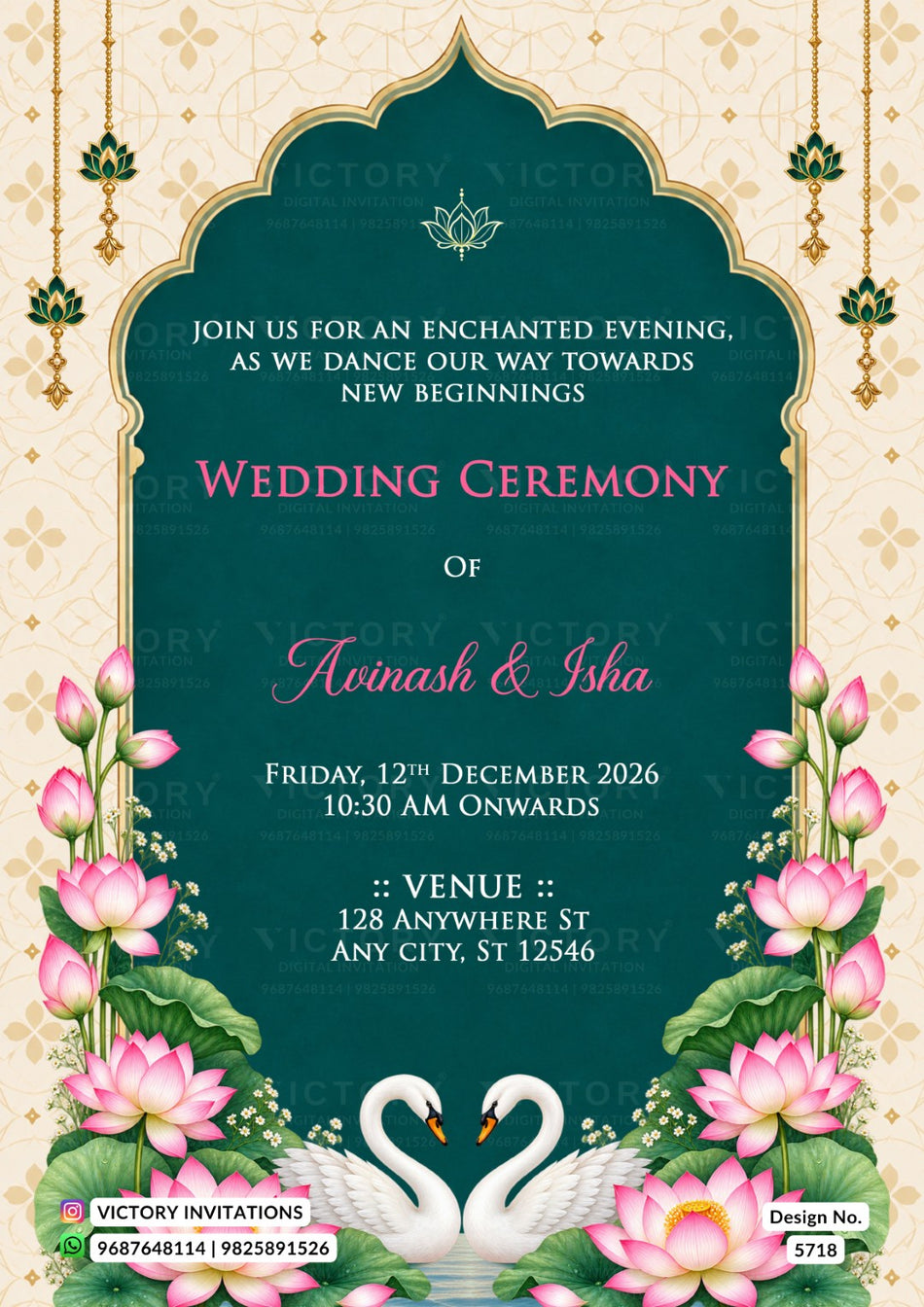 A decorative wedding invitation card with an ornate arch design, teal center panel, pink lotus flowers, white swans, and elegant text for a wedding ceremony.