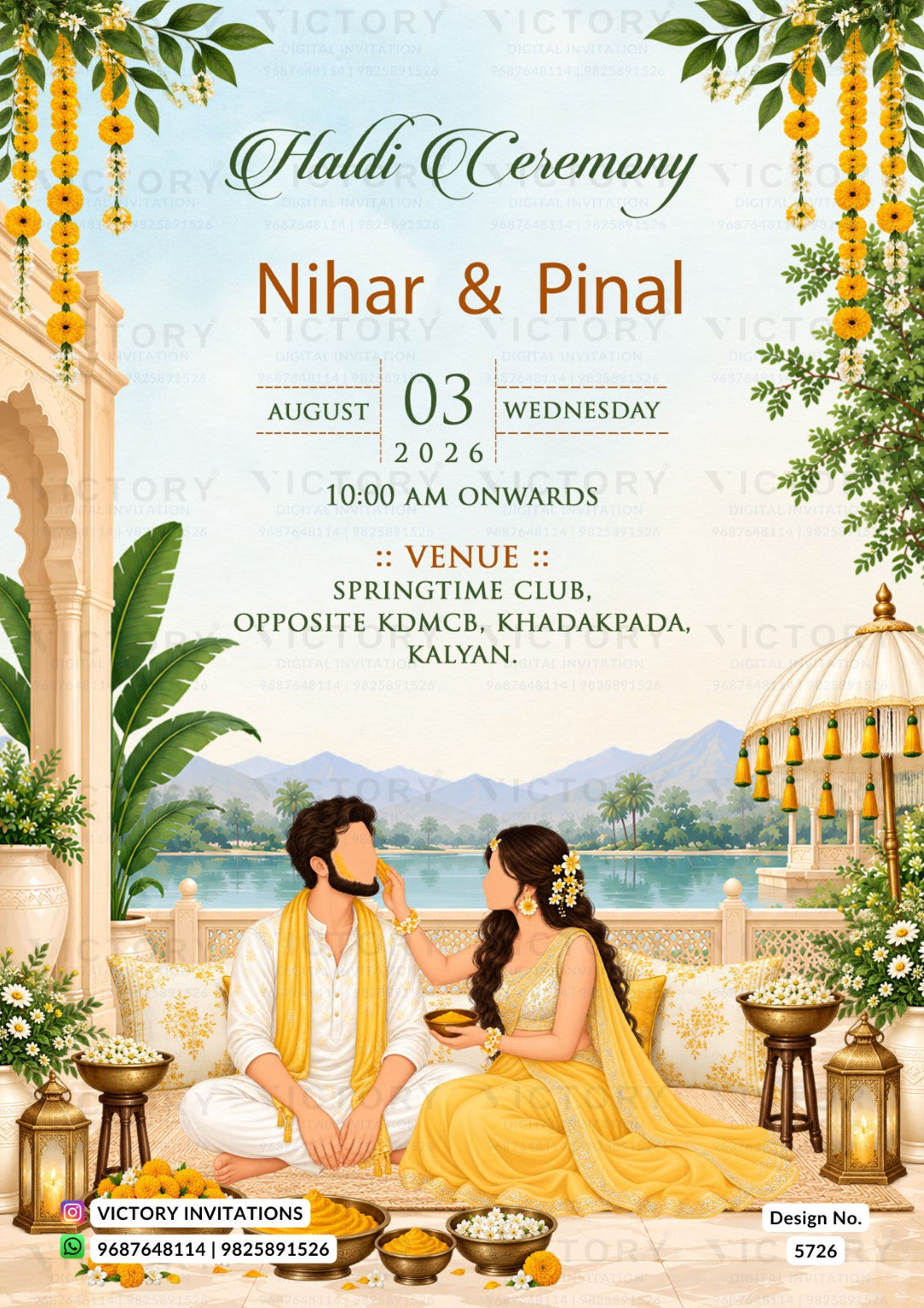 A digital invitation card for a Haldi Ceremony featuring a traditional Indian illustration of a couple performing the ritual. The man is dressed in white with a yellow shawl, and the woman is in a yellow gown.