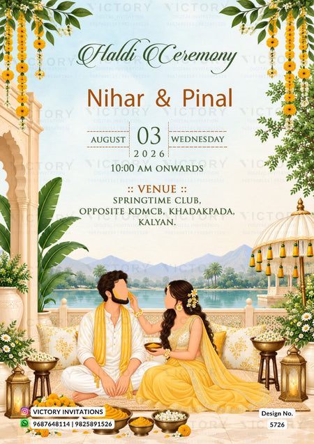 A digital invitation card for a Haldi Ceremony featuring a traditional Indian illustration of a couple performing the ritual. The man is dressed in white with a yellow shawl, and the woman is in a yellow gown.