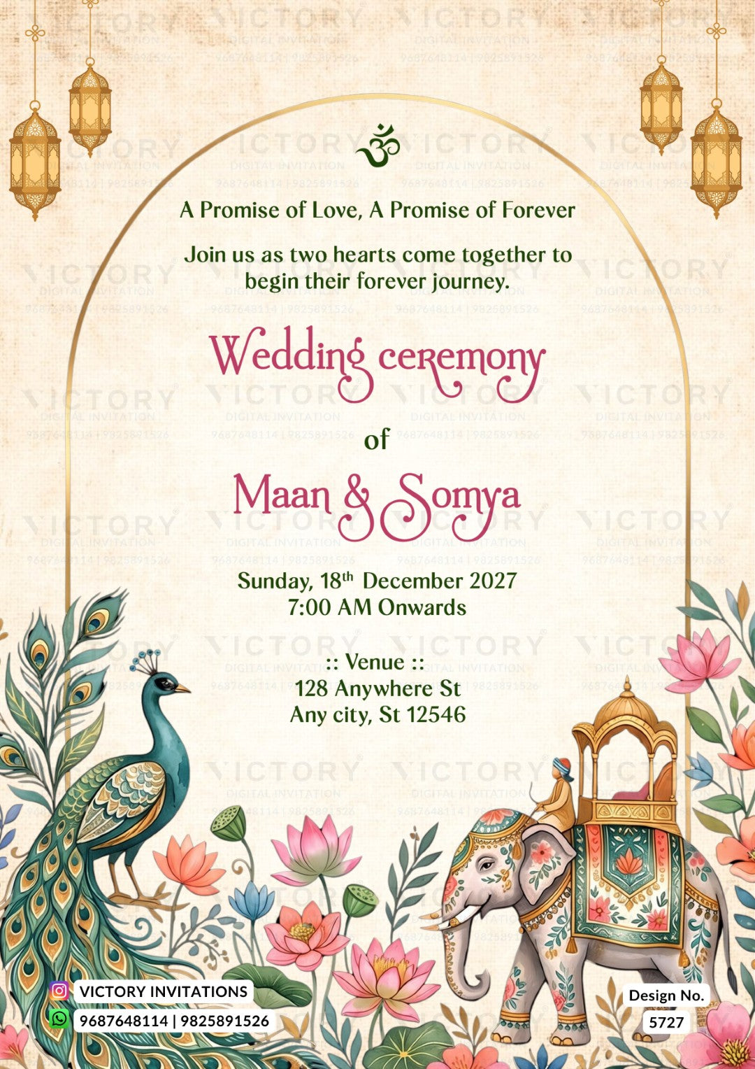 A wedding invitation card featuring a decorative arch, hanging lanterns, a peacock, an elephant with a decorated bullock cart, and floral illustrations. The text reads 'Wedding ceremony of Maan & Somya' with event details below on a warm beige background.