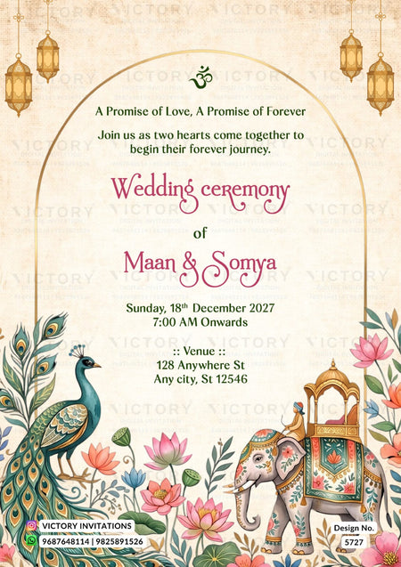 A wedding invitation card featuring a decorative arch, hanging lanterns, a peacock, an elephant with a decorated bullock cart, and floral illustrations. The text reads 'Wedding ceremony of Maan & Somya' with event details below on a warm beige background.