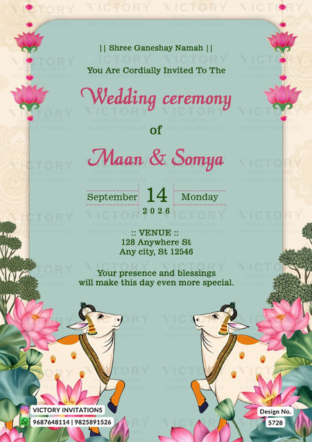 A square wedding invitation card with a light teal center panel, cream patterned border, pink lotus flowers, green foliage, and two decorated cows at the bottom. The text reads 'Shree Ganeshay Namah' and 'You Are Cordially Invited To The Wedding ceremony of Maan & Somya' with the date September 14 Monday 2026 and venue details.