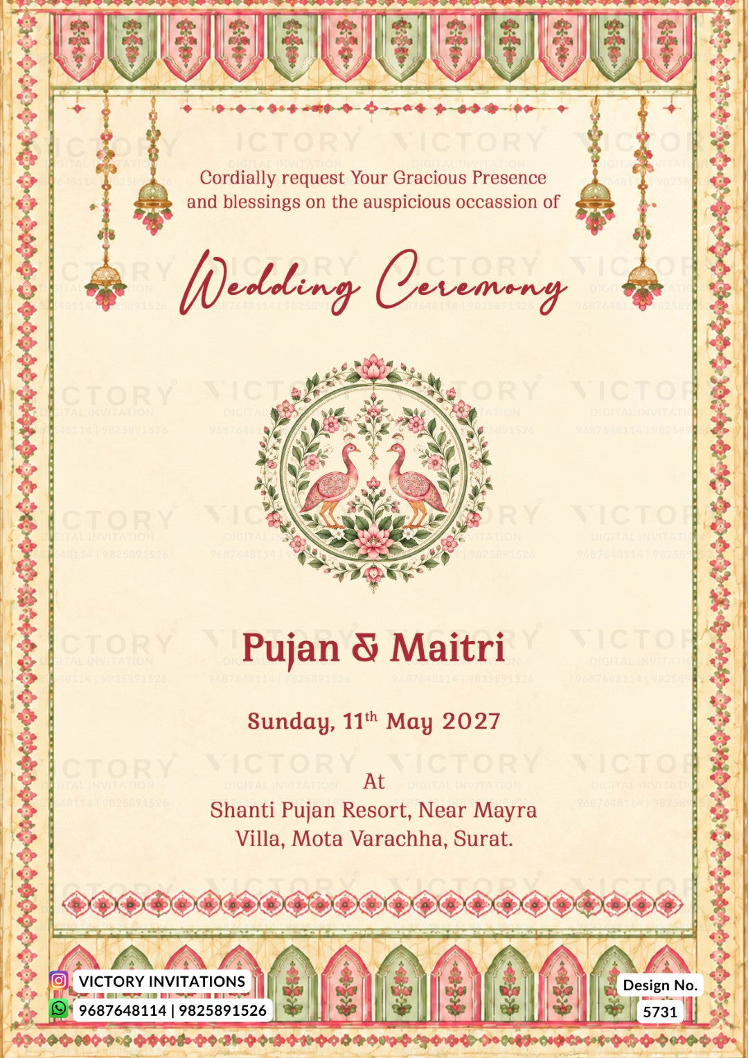 A traditional Indian wedding invitation card with ornate borders, pink and green floral patterns, and a central circular emblem featuring two pink flamingos. The text reads 'Wedding Ceremony' and details the names 'Pujan & Maitri' along with the venue 'Shanti Pujan Resort, Near Mayra, Villa, Mota Varachha, Surat' on a light cream background.