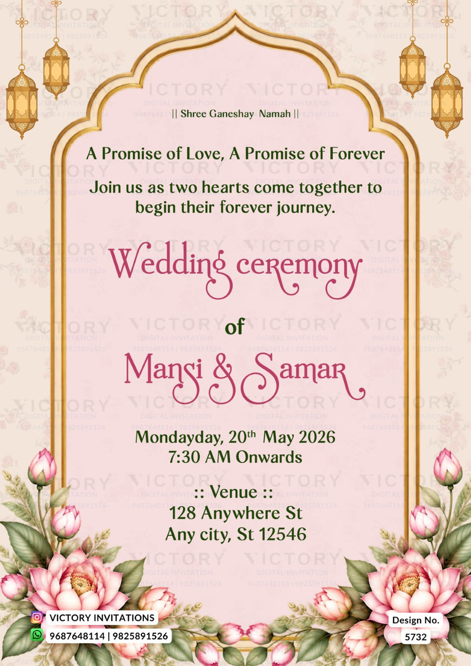 A wedding invitation card design with an ornate arched frame, pink floral illustrations, hanging lanterns, and elegant text reading 'Wedding ceremony of Manji & Samar' with venue and date details. The brand 'Victory Invitations' is visible at the bottom.