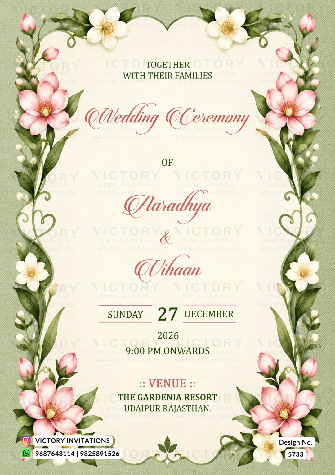 A wedding invitation card design with a light green border, pink and white flowers, and elegant script text reading 'Together with their families Wedding Ceremony of Paradhyha & Vihaan' with venue details at The Gardenia Resort, Udaipur Rajasthan.