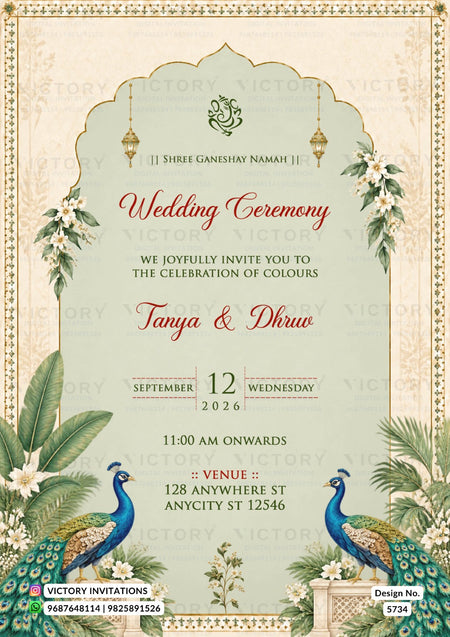 A wedding invitation card with an ornate Indian arch design, featuring peacocks, floral details, and elegant text for a wedding ceremony.