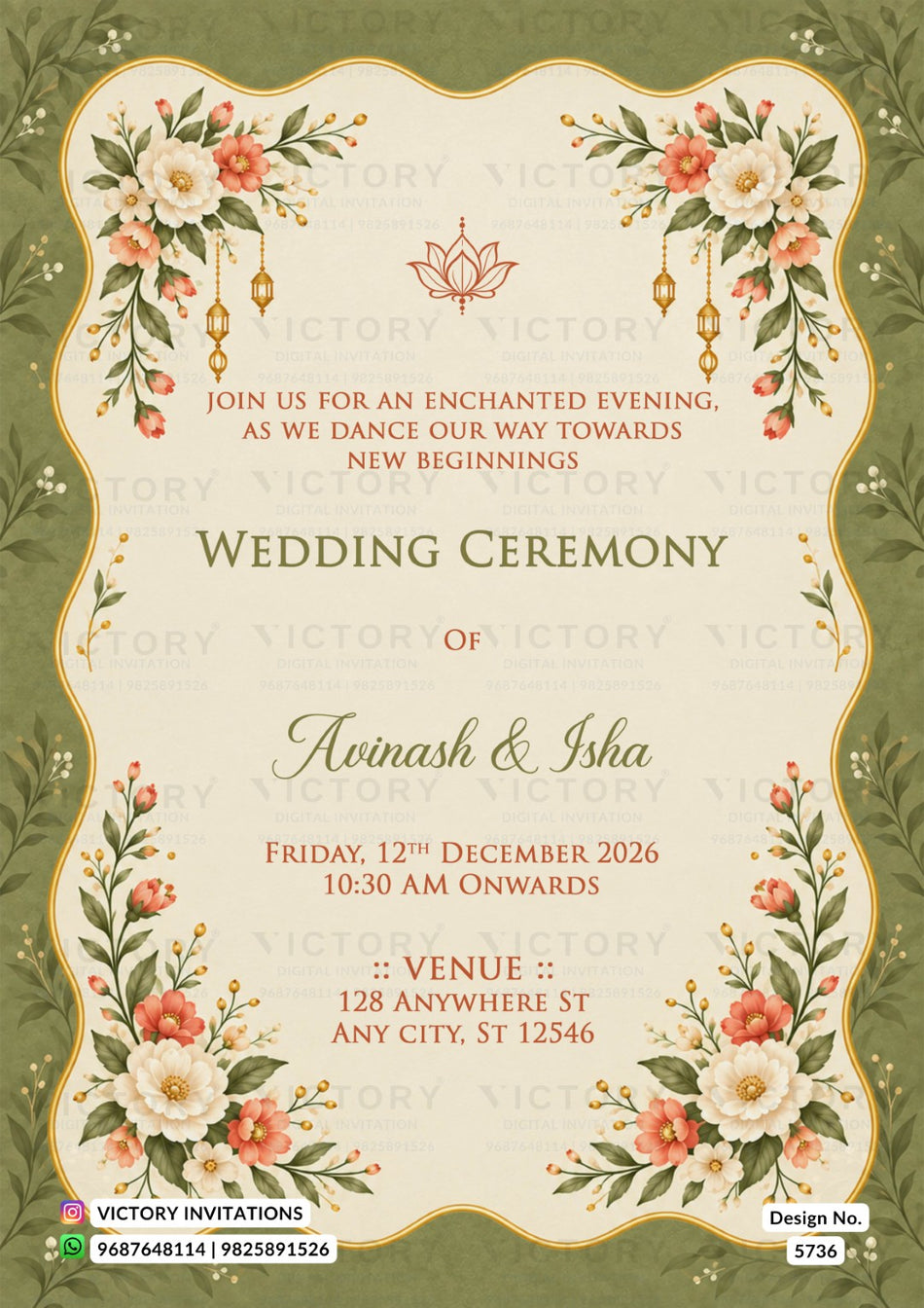 Wedding ceremony invitation card of hindu indian family in english language with Olive Green Scalloped Frame theme design 5736
