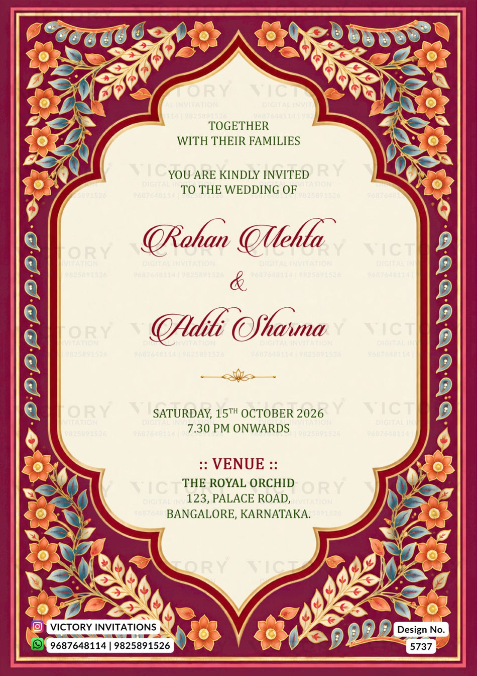 Wedding ceremony invitation card of hindu indian family in english language with Deep Magenta Heritage Arch & Gold Floral theme design 5737