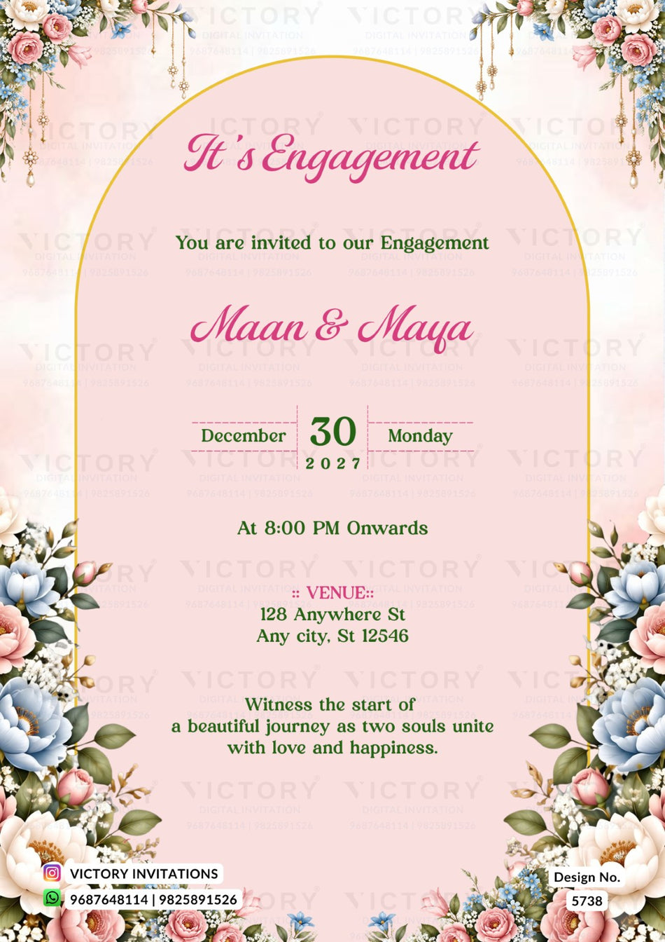 Engagement ceremony invitation card in english language with Soft Pastel Rose & Pearl Lantern theme design 5738