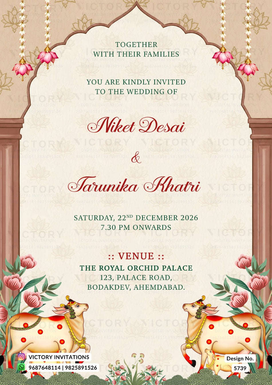Wedding ceremony invitation card of hindu indian family in english language with Cows & Hanging Lotus Suite theme design 5739