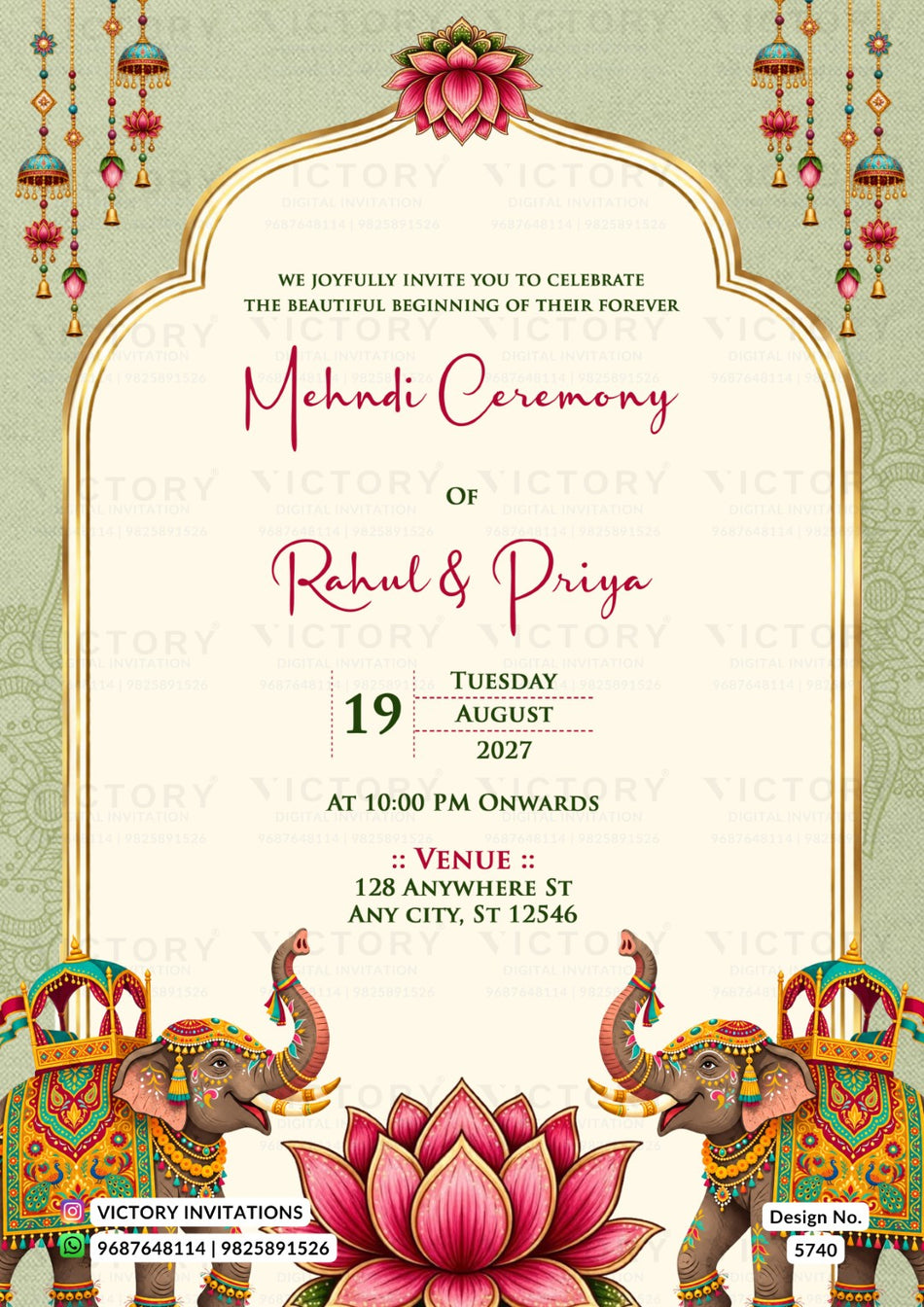 Mehendi ceremony invitation card in english language with Decorated Elephants & Sacred Lotus Suite theme design 5740