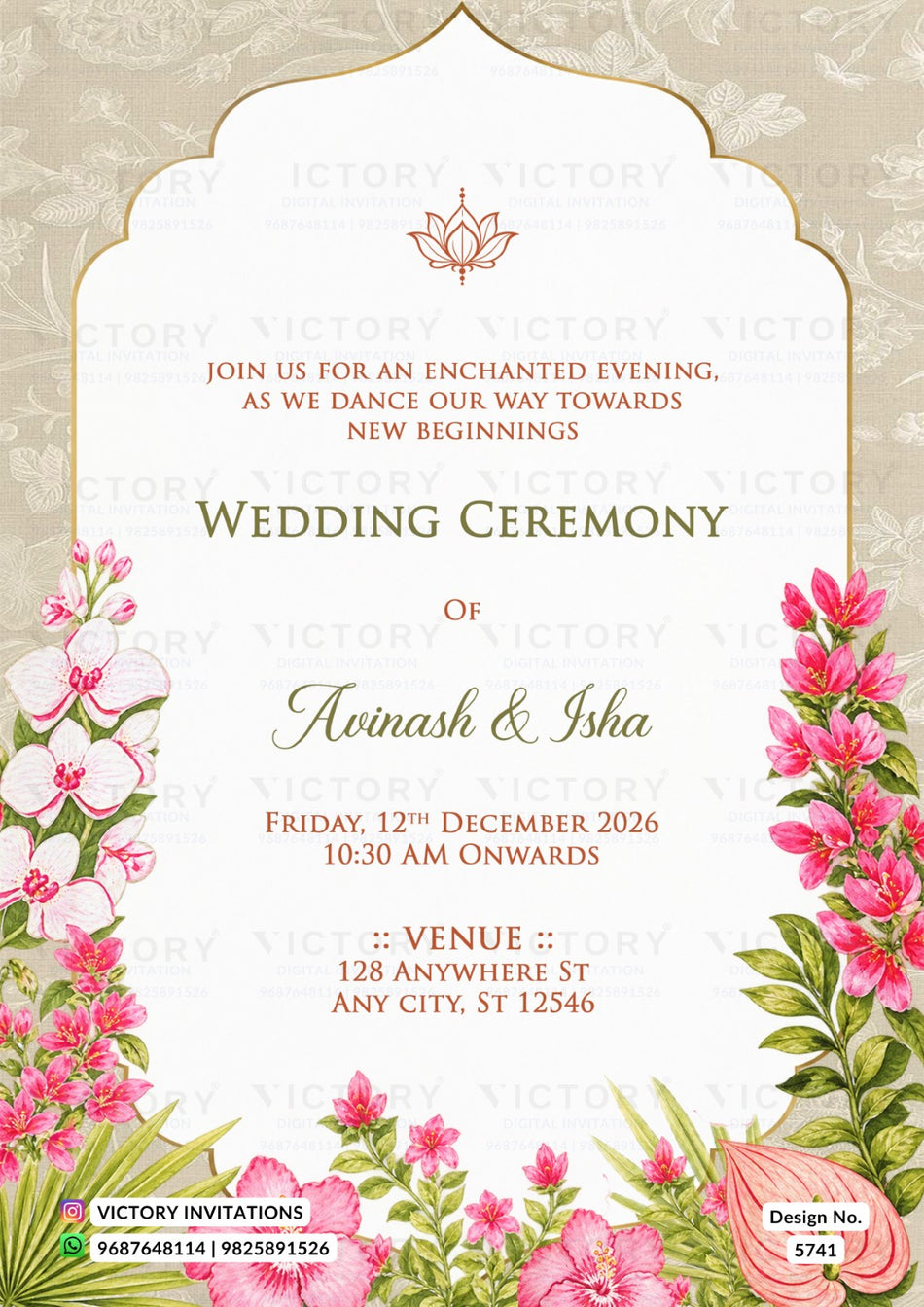 Wedding ceremony invitation card of hindu indian family in english language with Ivory Arch Magenta Hibiscus theme design 5741
