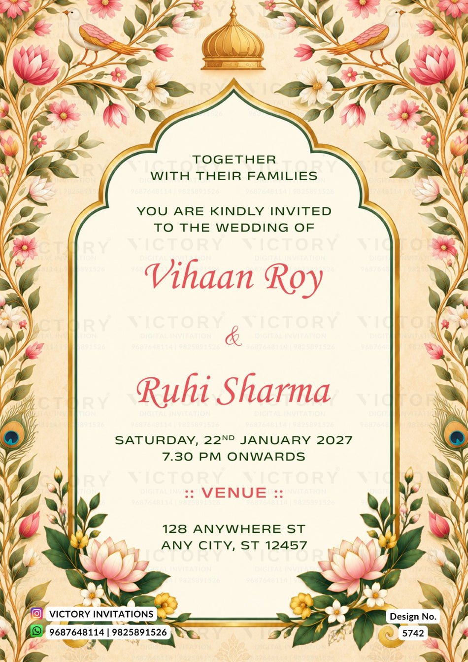 Wedding ceremony invitation card of hindu indian family in english language with Golden Arch & Lovebird Lotus theme design 5742