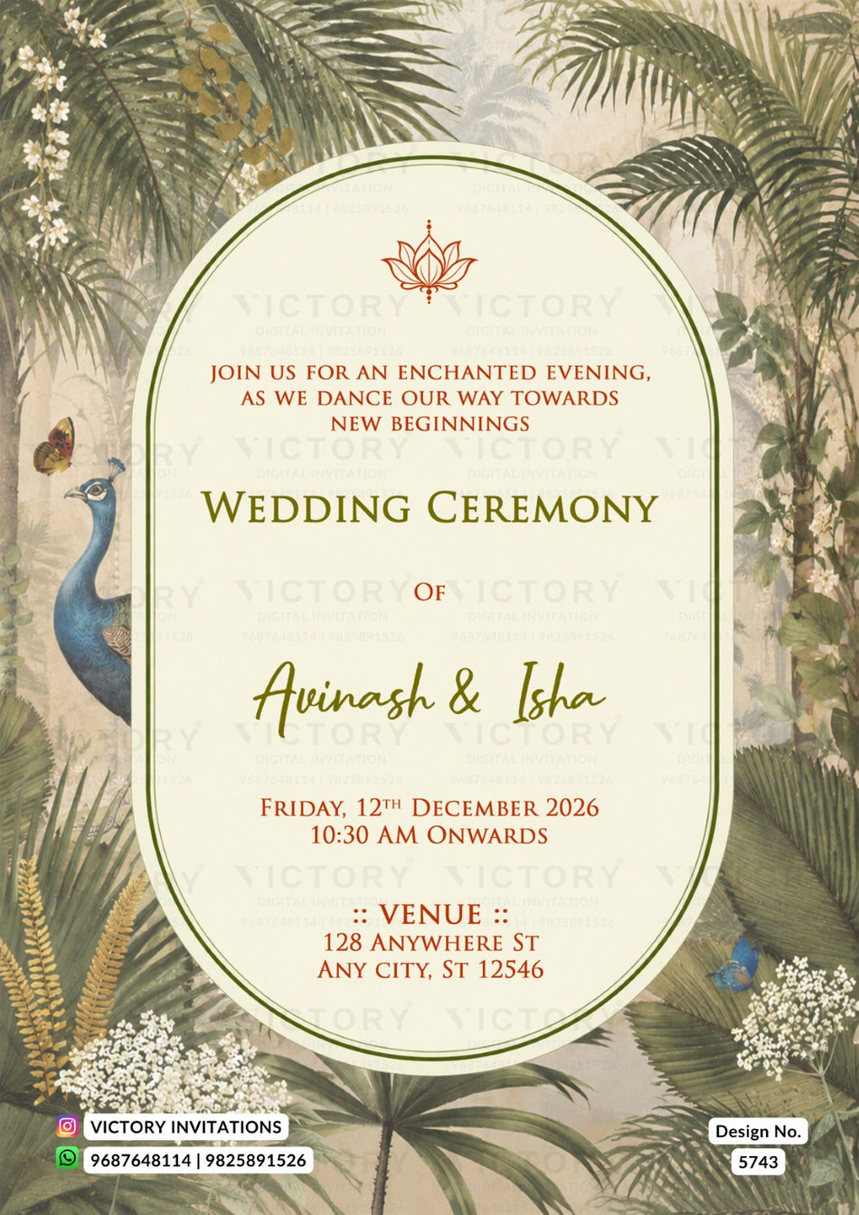 Wedding ceremony invitation card of hindu indian family in english language with Muted Sage Palm Oasis Peacock theme design 5743