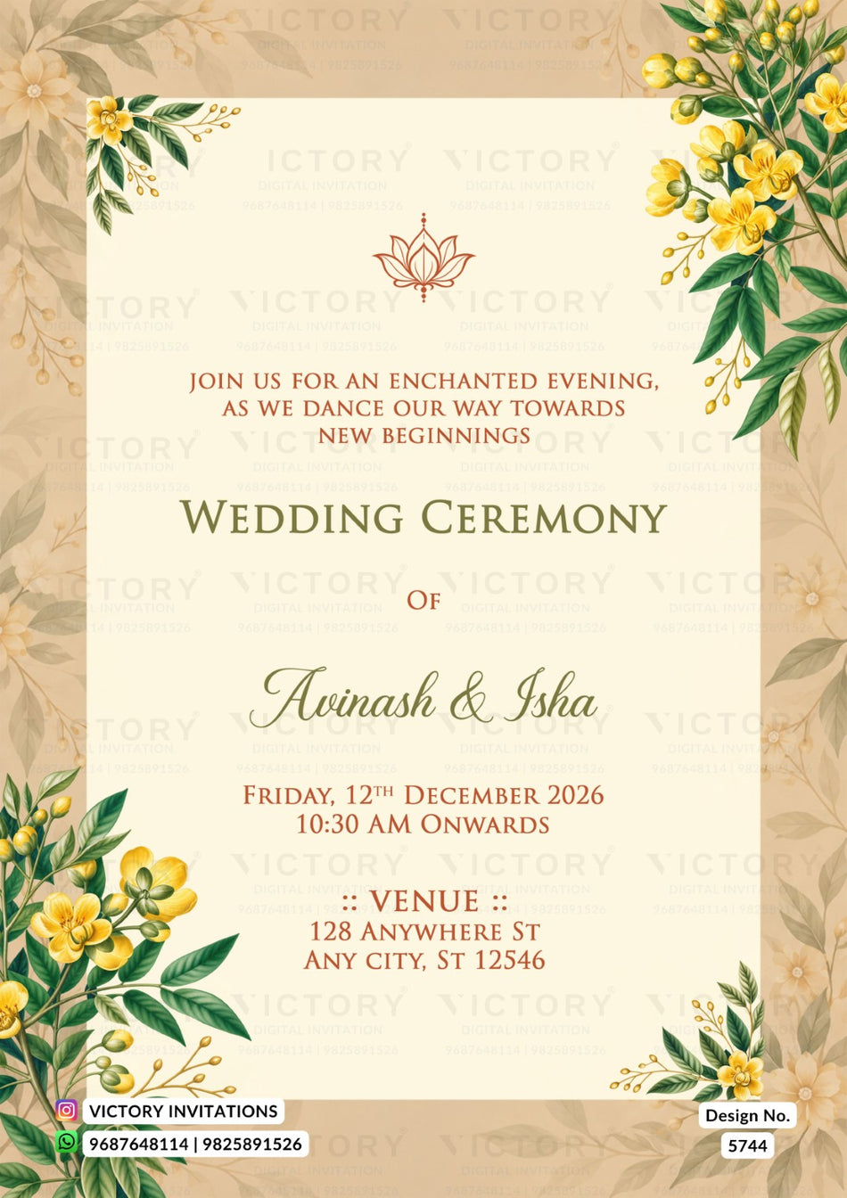 Wedding ceremony invitation card of hindu indian family in english language with Warm Amber Parchment Golden Blossom theme design 5744