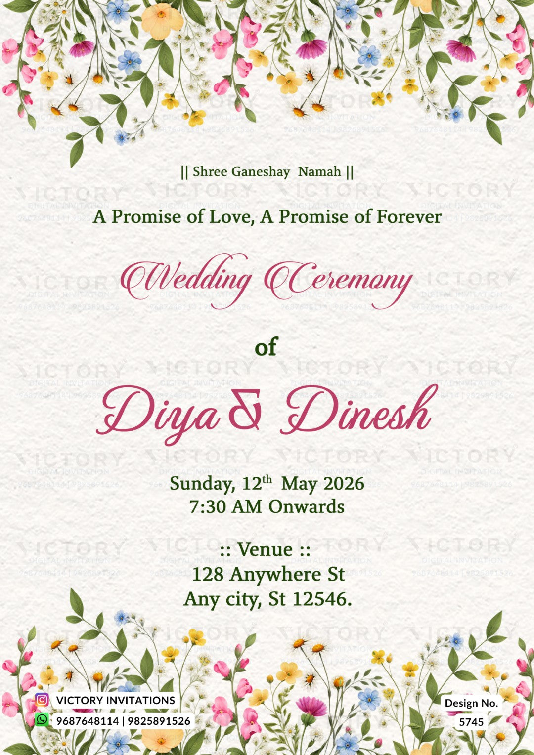 A wedding invitation card design with a textured off-white background, decorated with colorful floral borders at the top and bottom. The text is written in a mix of green and pink fonts, detailing a wedding ceremony for Diya and Dinesh.
