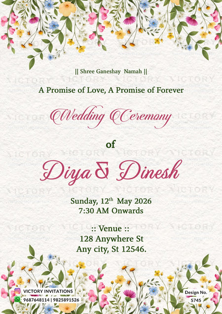 A wedding invitation card design with a textured off-white background, decorated with colorful floral borders at the top and bottom. The text is written in a mix of green and pink fonts, detailing a wedding ceremony for Diya and Dinesh.