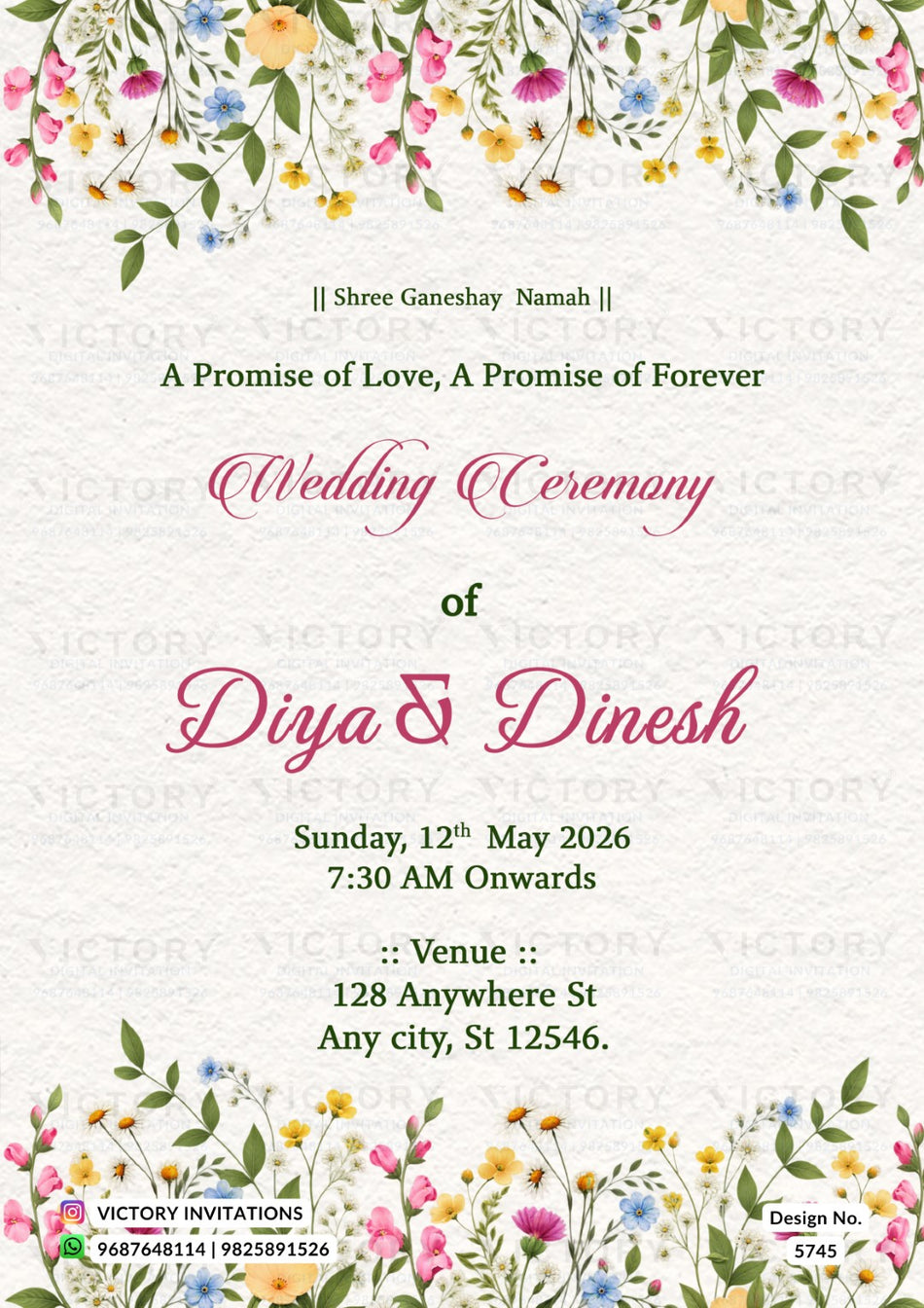 A wedding invitation card design with a textured off-white background, decorated with colorful floral borders at the top and bottom. The text is written in a mix of green and pink fonts, detailing a wedding ceremony for Diya and Dinesh.