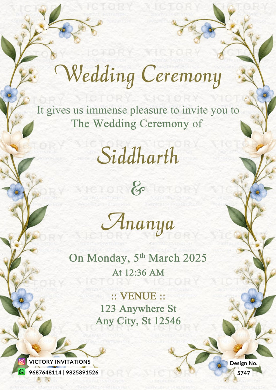 Wedding ceremony invitation card of hindu indian family in english language with Ivory Watercolor Parchment theme design 5747