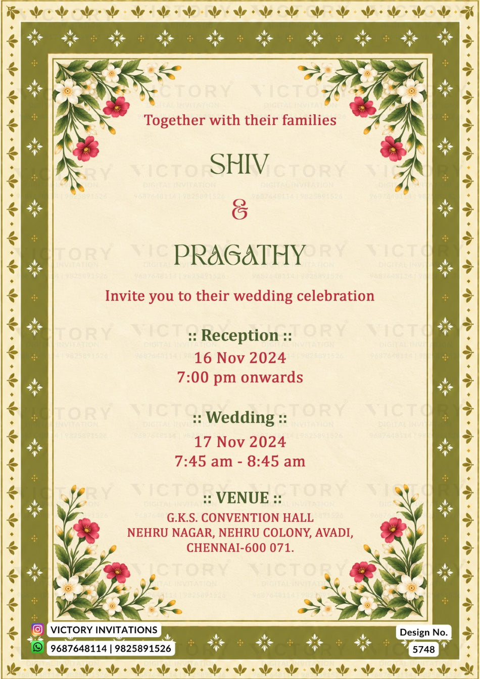 Wedding ceremony invitation card of hindu indian family in english language with Olive Green Block Print Frame theme design 5748