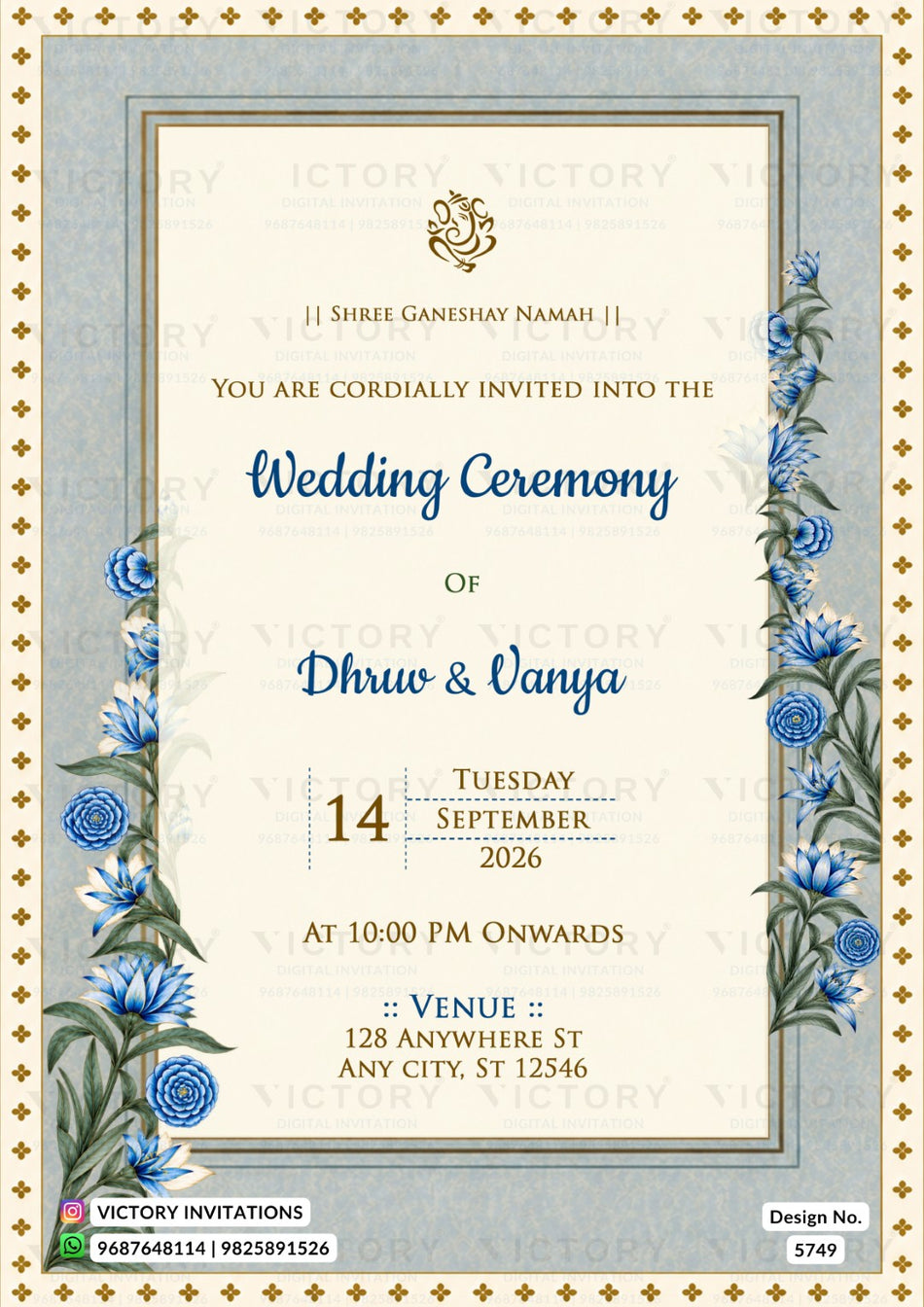 Wedding ceremony invitation card of hindu indian family in english language with Royal Blue Lotus Floral theme design 5749