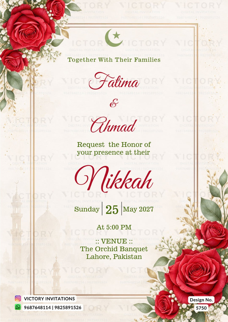 Nikah ceremony invitation card of Muslim family in english language with Velvet Rose Diagonal Frame theme design 5750