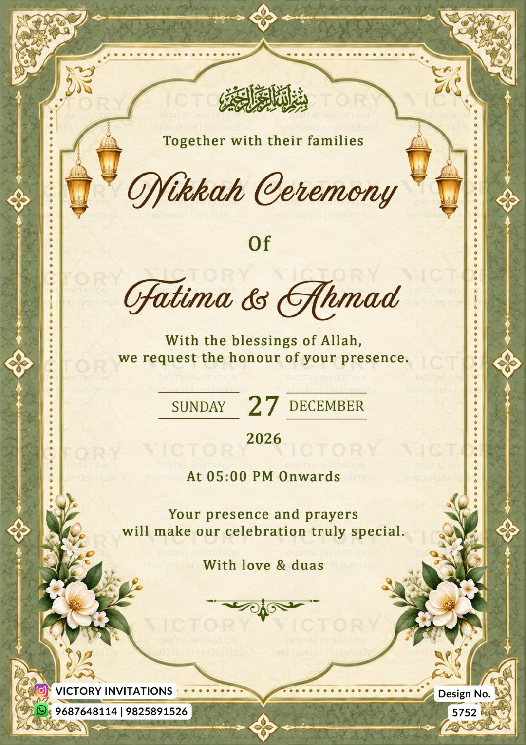 An elegant Arabic-themed Nikkah invitation card with a cream background, ornate green border, gold lanterns, floral illustrations, and formal English text celebrating Fatima & Ahmed.