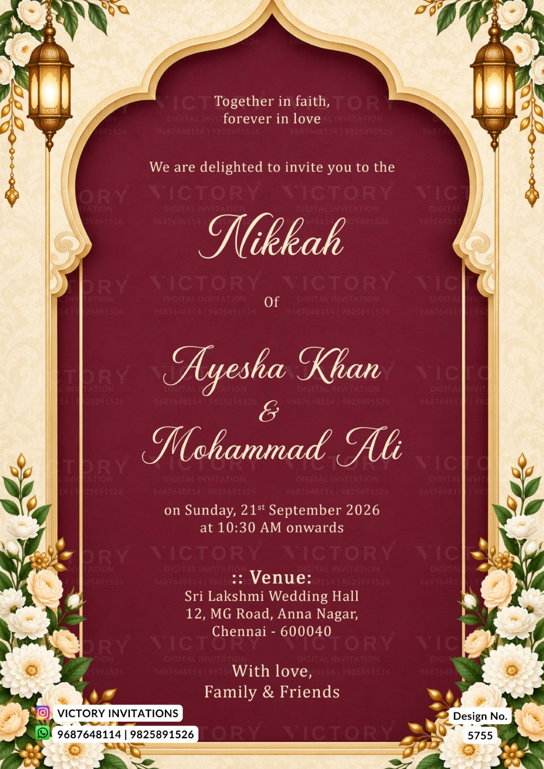 A digital Indian wedding invitation card featuring a deep maroon arch design framed by ornate gold borders, hanging lanterns, and white floral details. The text is written in elegant white and gold fonts, announcing a nikkah between Ayesha Khan and Mohammad Ali.
