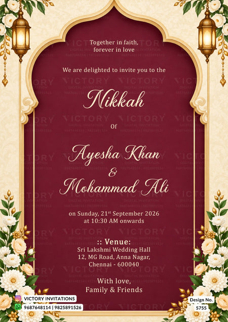 A digital Indian wedding invitation card featuring a deep maroon arch design framed by ornate gold borders, hanging lanterns, and white floral details. The text is written in elegant white and gold fonts, announcing a nikkah between Ayesha Khan and Mohammad Ali.
