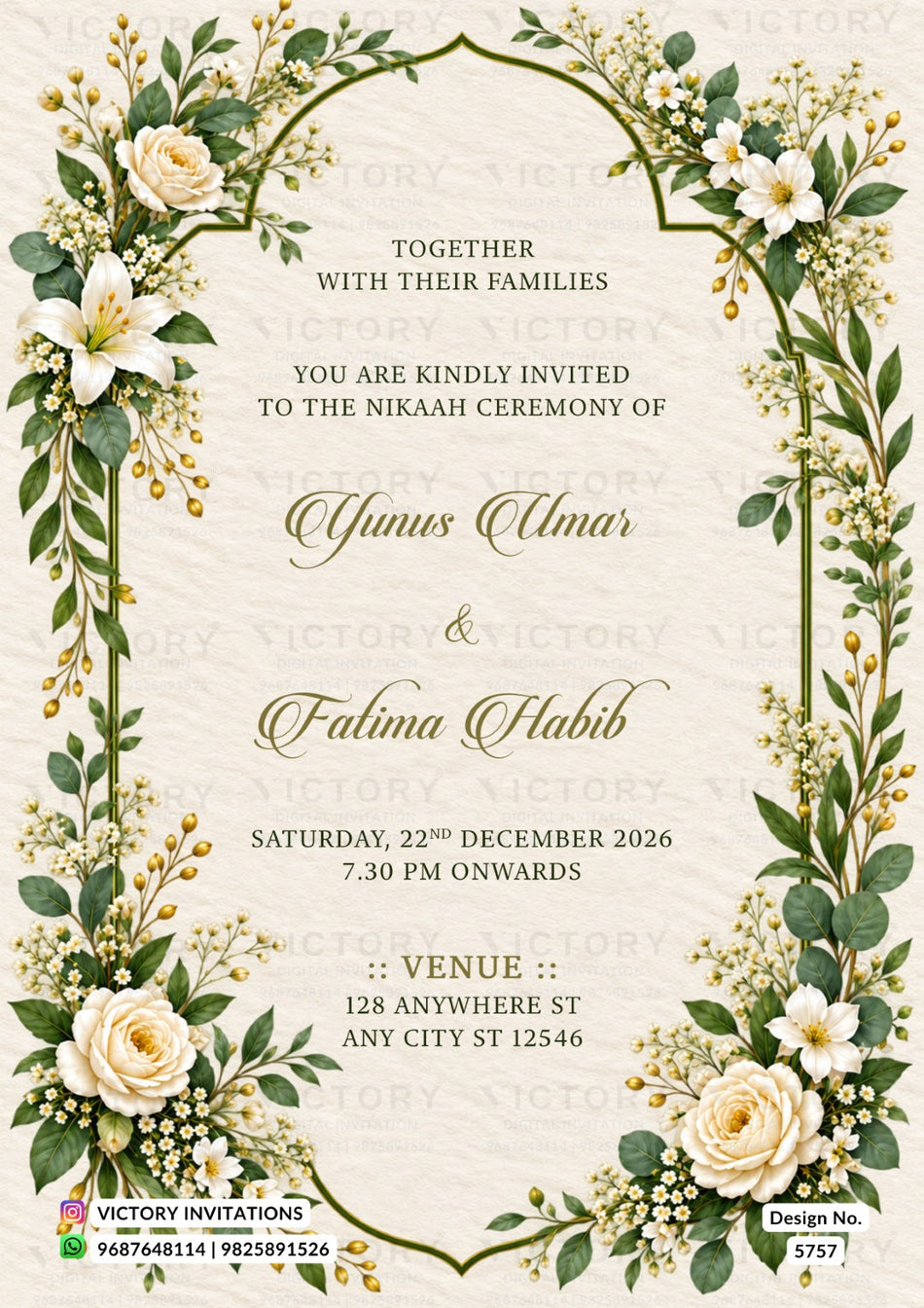 Nikah ceremony invitation card of Muslim family in english language with Emerald Arch Ivory Lily & White Rose theme design 5757
