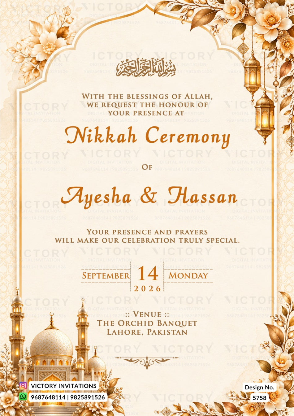 A digital preview of a Nikkah Ceremony invitation card featuring elegant gold Arabic calligraphy and English text on a cream background, decorated with golden floral borders, hanging lanterns, and miniature golden domes at the bottom.