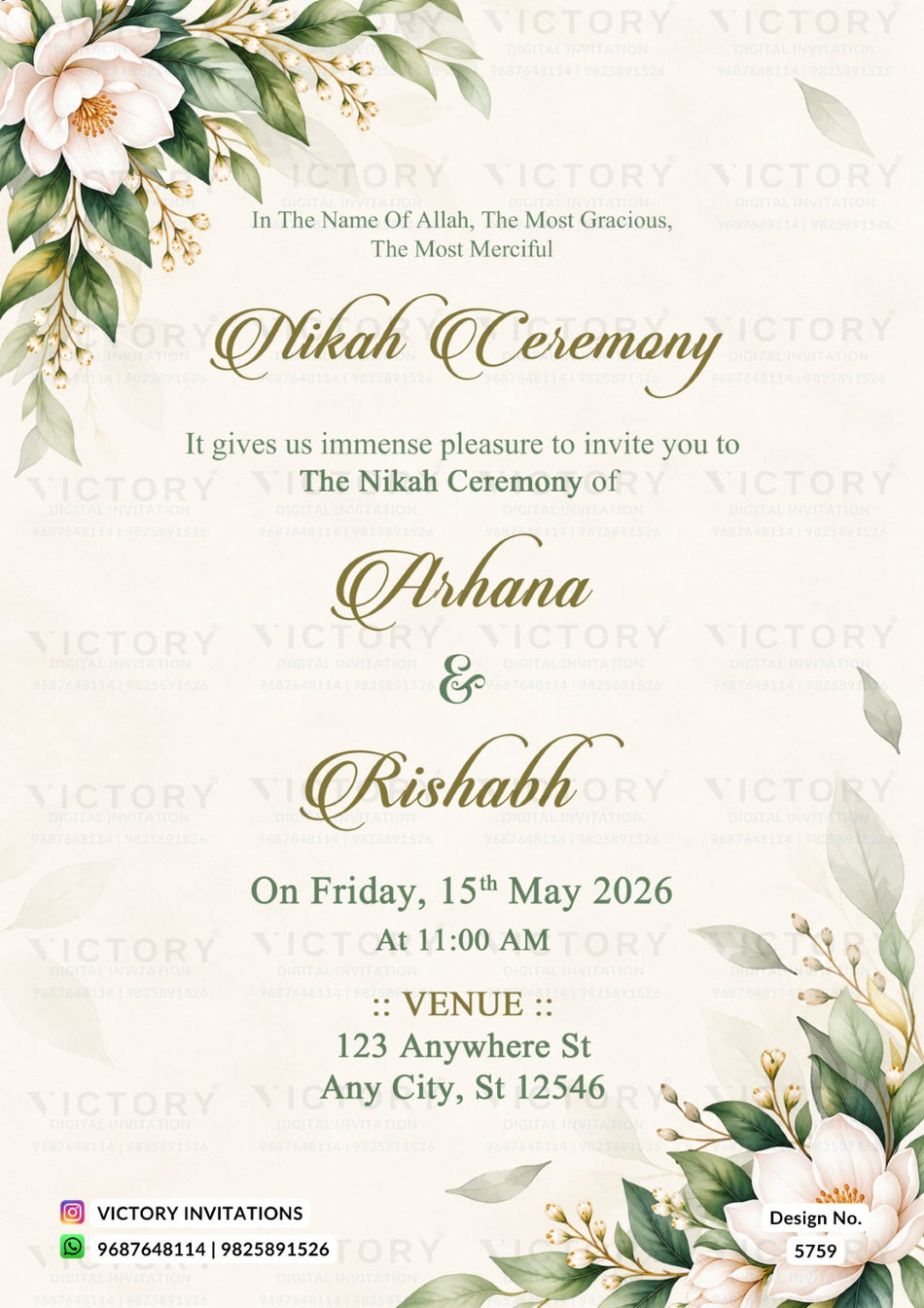 Nikah ceremony invitation card of Muslim family in english language with Soft Blush Peony & Sage Leaf theme design 5759
