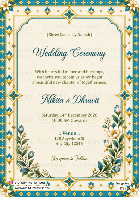 A digital preview of a traditional Indian wedding invitation card featuring a teal and gold ornate border, floral illustrations, and elegant blue text on a cream background.