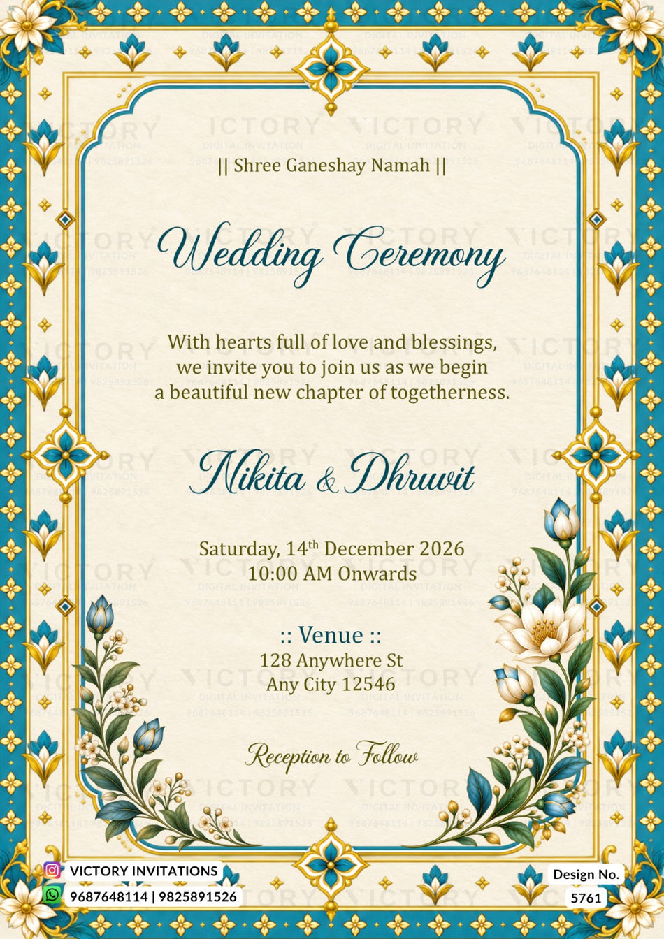A digital preview of a traditional Indian wedding invitation card featuring a teal and gold ornate border, floral illustrations, and elegant blue text on a cream background.