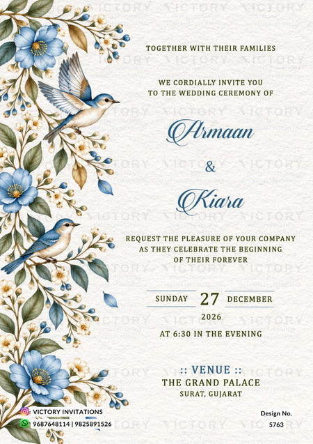 A wedding invitation card with a textured off-white background, featuring blue birds, blue flowers, and green leaves along the left side. The text is written in a mix of elegant serif and cursive fonts, detailing the wedding of Armaan and Kiara.