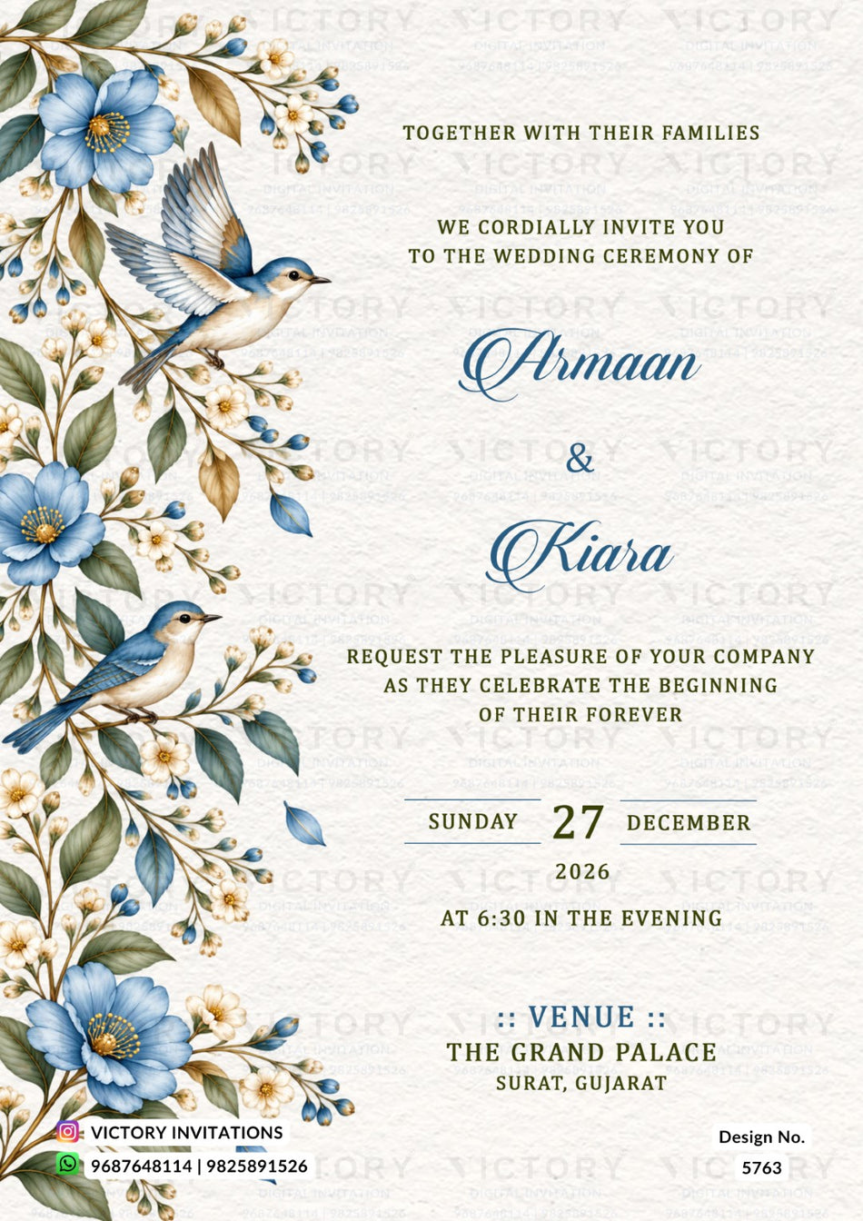 A wedding invitation card with a textured off-white background, featuring blue birds, blue flowers, and green leaves along the left side. The text is written in a mix of elegant serif and cursive fonts, detailing the wedding of Armaan and Kiara.