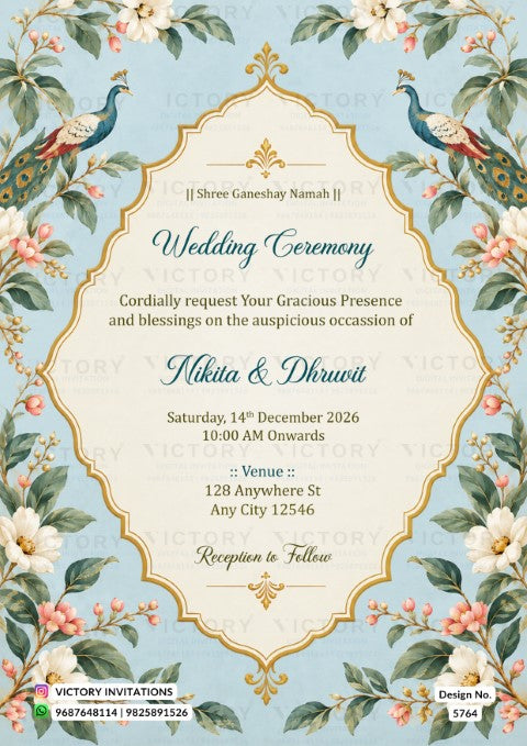 Traditional light blue wedding ceremony invitation for Nikita and Dhruwit featuring ornate gold framing, floral patterns, and peacocks.