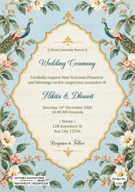 Traditional light blue wedding ceremony invitation for Nikita and Dhruwit featuring ornate gold framing, floral patterns, and peacocks.