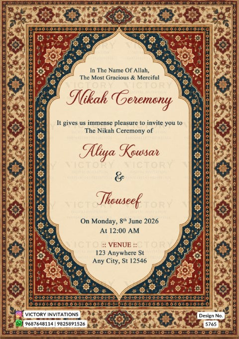 Islamic carpet-style Nikah ceremony invitation card for Aliya Kowsar and Thouseef framed in intricate red, blue, and cream floral mosaic patterns.