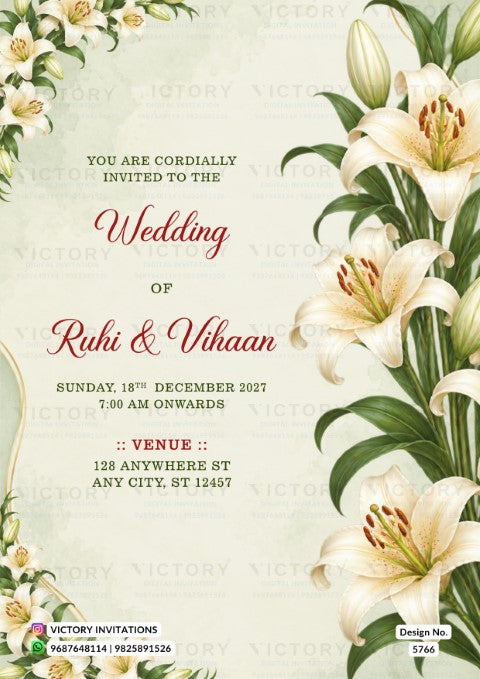 Elegant floral wedding invitation card for Ruhi and Vihaan featuring large white lilies and green foliage on a soft cream background.