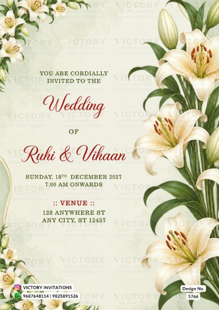 Elegant floral wedding invitation card for Ruhi and Vihaan featuring large white lilies and green foliage on a soft cream background.